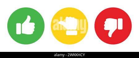 Come i simboli del pollice neutro e antipatico nei colori verde, giallo e rosso. Feedback e valutazione consentono di impostare le icone con il pollice verso l'alto e il pollice verso il basso. Pollice in alto, in basso. Illustrazione Vettoriale
