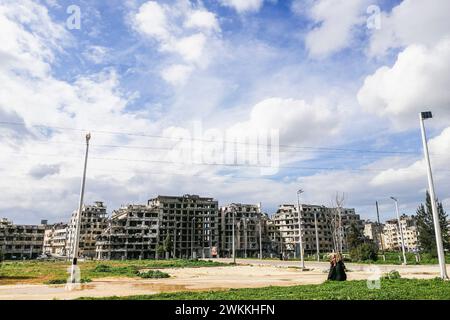 Siria, Homs, bombardamenti su edifici distrutti Foto Stock