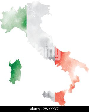 Mappa isolata dell'Italia con la sua bandiera sull'acquerello Vector Illustrazione Vettoriale