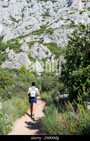 Donna cammina da sola nella foresta della Francia meridionale, trekking, vista posteriore, persona attiva Foto Stock