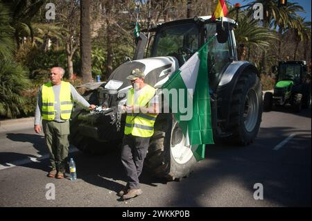 Malaga, Spagna. 21 febbraio 2024. Due agricoltori mangiano e riposano su un trattore mentre partecipano a una manifestazione degli agricoltori contro la politica agricola europea e per migliorare le condizioni di lavoro. Centinaia di trattori hanno bloccato le strade principali della città per protestare chiedendo un'azione contro gli elevati costi di produzione e la concorrenza sleale da parte dei paesi extraeuropei. (Foto di Jesus Merida/SOPA Images/Sipa USA) credito: SIPA USA/Alamy Live News Foto Stock