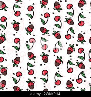 Motivo senza cuciture di ciliegia e fragole. Bacche estive, frutta con foglie, sfondo vettoriale. Illustrazione a forma di doodle disegnata a mano per copertina, tessuto, Illustrazione Vettoriale