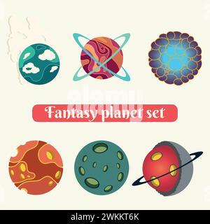 Set di icone colorate del pianeta fantasy fantasy Vector Illustrazione Vettoriale