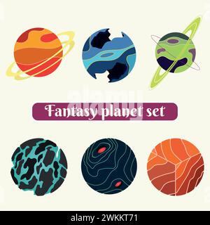 Set di icone colorate del pianeta fantasy fantasy Vector Illustrazione Vettoriale