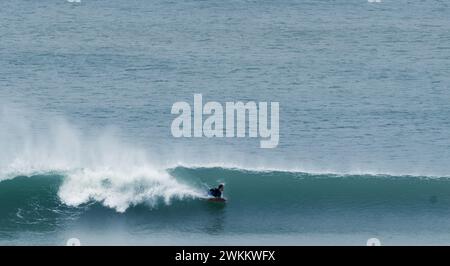 Surfista cavalca un'onda sdraiato sulla sua idea di surf oceano o sport acquatici a Western Cape, Sud Africa Foto Stock