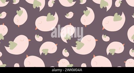 Simpatico motivo senza cuciture con piccoli uccelli. Spring Vector Flat Cartoon sfondo in colori pastello. Modello senza fine per sfondo, stampa, pagina Web, su Illustrazione Vettoriale