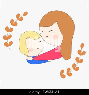 Giovane madre che abbraccia il suo bambino con amore e cura mentre si dorme Illustrazione Vettoriale