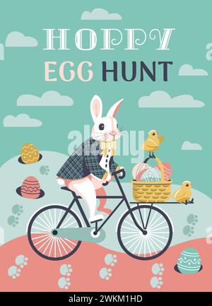 Hoppy Egg Hunt, poster vettoriale del gioco pasquale. Cestino, uova di Pasqua, impronte di coniglio illustrazione dei cartoni animati. Coniglietto pasquale che guida le uova per la caccia. Illustrazione Vettoriale
