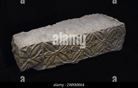 Fregio decorato con cerchi secanti che formano fiori di ottopetali. Calcare. vii secolo. Dal sito archeologico Vega Baja di Toledo. Museo dei consigli e della cultura visigoti. Toledo, Castiglia-la Mancha, Spagna. Foto Stock