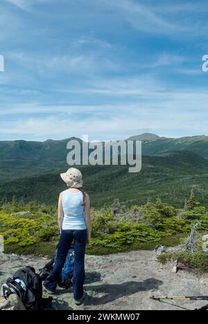 Mount Washington da Mount Isolation nelle White Mountains, New Hampshire, in una nuvolosa giornata estiva. Foto Stock