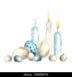 Acquerello composizione pasquale con candele e uova diverse. Illustrazioni disegnate a mano su sfondo isolato per biglietti d'auguri, inviti, happy Foto Stock