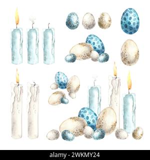 Set di acquerelli pasquali con candele e uova diverse. Illustrazioni disegnate a mano su sfondo isolato per biglietti d'auguri, inviti, buone feste Foto Stock