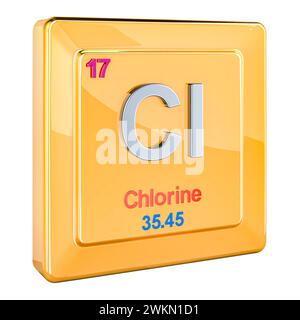Cloro Cl, segno dell'elemento chimico con il numero 17 nella tavola periodica. Rendering 3D isolato su sfondo bianco Foto Stock