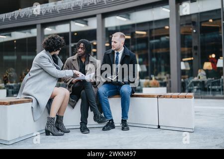 Tre colleghi si impegnano casualmente in una discussione di lavoro all'aperto. Si concentrano attentamente su un tablet digitale, scambiando idee. Foto Stock