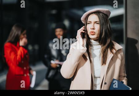 Giovane donna elegante in un berretto che crea un viso bacio mentre si è al telefono all'aperto. Foto Stock