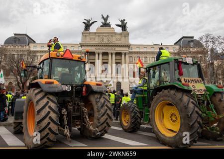 Madrid, Spagna. 21 febbraio 2024. Un paio di trattori sono parcheggiati davanti al Ministero dell'Agricoltura durante una dimostrazione. Centinaia di trattori provenienti da tutta la Spagna si sono recati a Madrid per tenere una dimostrazione di agricoltori e allevatori di fronte al Ministero dell'Agricoltura, della pesca e dell'alimentazione situato nel centro di Madrid. Credito: SOPA Images Limited/Alamy Live News Foto Stock