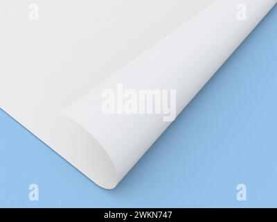Foglio curvo di carta A4 su sfondo blu. illustrazione del rendering 3d. Foto Stock