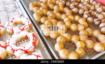 Ciambelle Mochi assortite visualizzate sui vassoi da forno, pronte per essere gustate Foto Stock