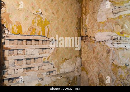 Tappezzeria parzialmente demolita, intonaco e pareti in legno a reticolo in camera all'interno di una vecchia casa degli anni '1800. Foto Stock