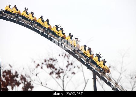 Le montagne russe del Fuji-Q Highland a Fujiyoshida, Yamanashi, Giappone. Foto Stock