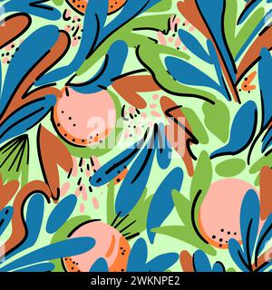 Colorato e moderno motivo senza cuciture con frutta d'arancia e foglie astratte. Illustrazione Vettoriale