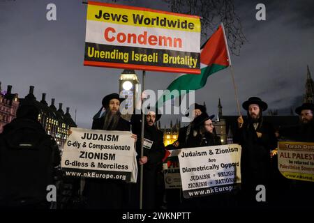 Londra, Regno Unito, 21 febbraio 2024. Gli ebrei Othodox si uniscono ad altri manifestanti riuniti per una manifestazione in Piazza del Parlamento, mentre i parlamentari discutevano una mozione che il Partito Nazionale scozzese (SNP) aveva presentato, chiedendo un cessate il fuoco immediato a Gaza. Credito: Fotografia dell'undicesima ora/Alamy Live News Foto Stock