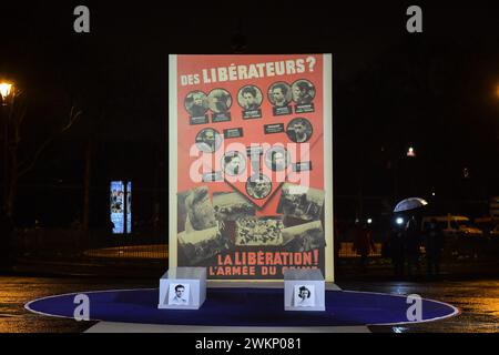 Questa fotografia mostra lo striscione principale della cerimonia di induzione di Missak Manouchian e dei suoi compagni di resistenza nel Pantheon a Parigi, in Francia, il 21 febbraio 2024. Mercoledì, in occasione di una cerimonia solenne nel maestoso edificio del Pantheon, il presidente francese ha reso omaggio alla memoria di Missak Manouchian e di sua moglie, Melinee, anch'essa combattente della resistenza, sono stati sepolti nel mausoleo che ospita gli eroi nazionali francesi. I nomi di 23 combattenti della resistenza di Manouchian, la maggior parte dei quali sono stati uccisi con lui il 21 febbraio 1944, saranno incisi nella volta dove la coppia è stata deposta. PH Foto Stock