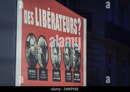 Questa fotografia mostra lo striscione principale della cerimonia di induzione di Missak Manouchian e dei suoi compagni di resistenza nel Pantheon a Parigi, in Francia, il 21 febbraio 2024. Mercoledì, in occasione di una cerimonia solenne nel maestoso edificio del Pantheon, il presidente francese ha reso omaggio alla memoria di Missak Manouchian e di sua moglie, Melinee, anch'essa combattente della resistenza, sono stati sepolti nel mausoleo che ospita gli eroi nazionali francesi. I nomi di 23 combattenti della resistenza di Manouchian, la maggior parte dei quali sono stati uccisi con lui il 21 febbraio 1944, saranno incisi nella volta dove la coppia è stata deposta. PH Foto Stock