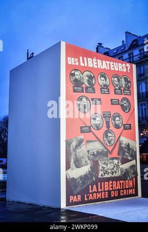 Questa fotografia mostra lo striscione principale della cerimonia di induzione di Missak Manouchian e dei suoi compagni di resistenza nel Pantheon a Parigi, in Francia, il 21 febbraio 2024. Mercoledì, in occasione di una cerimonia solenne nel maestoso edificio del Pantheon, il presidente francese ha reso omaggio alla memoria di Missak Manouchian e di sua moglie, Melinee, anch'essa combattente della resistenza, sono stati sepolti nel mausoleo che ospita gli eroi nazionali francesi. I nomi di 23 combattenti della resistenza di Manouchian, la maggior parte dei quali sono stati uccisi con lui il 21 febbraio 1944, saranno incisi nella volta dove la coppia è stata sepolta. PH Foto Stock