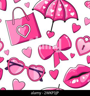 Motivo vettoriale senza cuciture con borsa rosa, fiocco, labbra, occhiali da sole, ombrello e cuori disegnati a mano. Sfondo con dettagli femminili entro San Valentino. Per sc Illustrazione Vettoriale