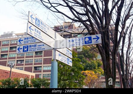 Un cartello pedonale che mostra le indicazioni per la stazione ferroviaria di Kannai, il Parco odori e molti altri luoghi di Yokohama. Foto Stock