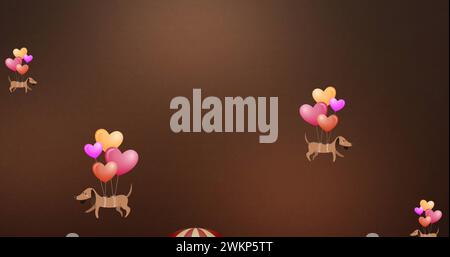 Immagine di palloncini colorati e cani volanti sopra la mongolfiera Foto Stock