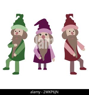 Un gruppo di tre piccoli uomini. Carattere nano. Gnomo carino e divertente con la barba. Illustrazione vettoriale. Illustrazione Vettoriale
