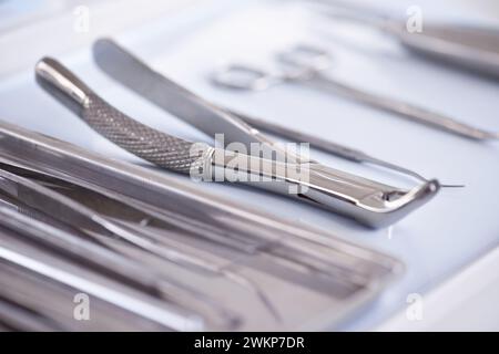 Apparecchiature odontoiatriche, strumentali e strumentali come primo piano per la consultazione del trattamento per esame, pulizia o igiene. Esploratori, scalpellatore e cura dei denti Foto Stock