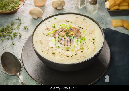 Zuppa cremosa di funghi mediorientale. Una ciotola calda di deliziosa zuppa cremosa con teneri morsi di funghi. Servito con crostini crostini croccanti. Foto Stock