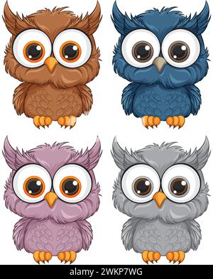 Quattro carini gufi con piume di colore diverso. Illustrazione Vettoriale
