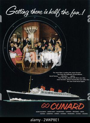 1956 Cunard Print ad. Go Cunard - arrivare lì è metà del divertimento - Queen Mary Foto Stock