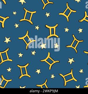 Gemini segno zodiaco doodle motivo senza cuciture. Illustrazione dello schema di ripetizione vettoriale. Illustrazione Vettoriale