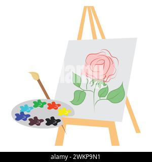 Cavalletto e tavolozza colorata con vernici e pennello. Elementi dell'artista. Striscione per scuola di disegno. Illustrazione vettoriale, design piatto, cartone animato Illustrazione Vettoriale
