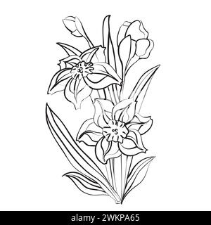 Bouquet di fiori in stile doodle. Riprendere l'illustrazione isolata su sfondo bianco. Illustrazione Vettoriale