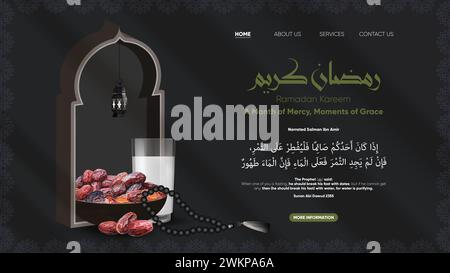 Elegante pagina di destinazione e banner Ramadan Kareem iftar. Illustrazione di date, tasbih (api) e un bicchiere d'acqua come simbolo per rompersi velocemente. Illustrazione Vettoriale