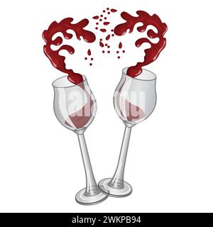 Spruzza di vino in bicchieri sotto forma di metà di cuore. Icona romantica in stile realistico. Illustrazione vettoriale Illustrazione Vettoriale