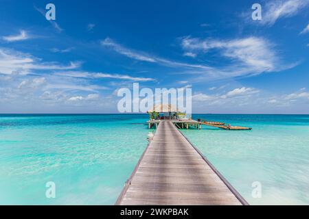 Il miglior paesaggio da viaggio. Esotica baia marina dell'isola molo in legno sopra la laguna incontaminata conduce in un bellissimo paradiso tropicale, palme di cocco sabbia bianca. Calma Foto Stock