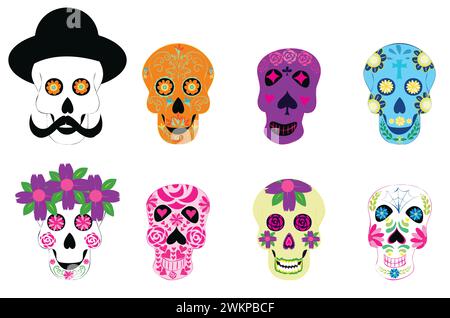 Teschi morti. Tatuaggio di Halloween con osso umano di zucchero messicano dia de los muertos. Illustrazione vettoriale isolata su sfondo bianco Illustrazione Vettoriale