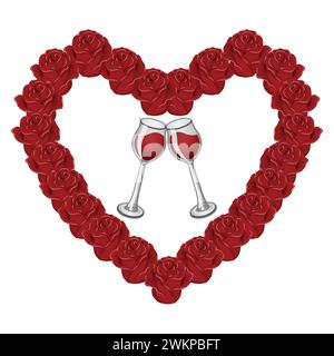 Bicchieri di vino in una cornice a forma di cuore fatta di fiori di rosa. Illustrazione vettoriale isolata su sfondo bianco. Illustrazione Vettoriale
