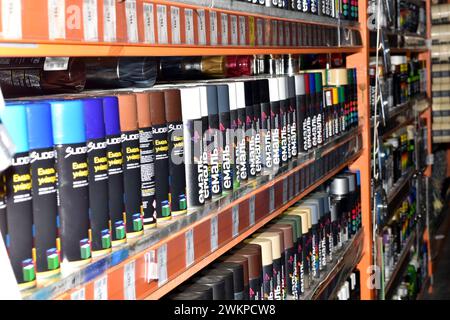 Brovary. Regione di Kiev. Ucraina. 02.21.2024. Uno stand in un punto vendita con lattine di vernice spray. Foto Stock