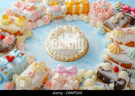 Una varietà di cupcake e biscotti disposti in cerchio su sfondo blu Foto Stock