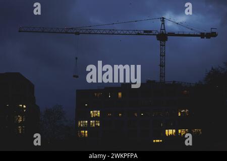 Ein Kran arbeitet bei blauer Stunde a Berlino, 20.02.2024. Berlin Deutschland *** Una gru lavora all'ora blu a Berlino, 20 02 2024 Berlino Germania Copia Foto Stock