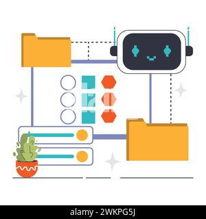Concetto di categorizzazione delle funzioni. Un adorabile bot analizza i dati per l'apprendimento automatico, ordinandoli in categorie. Illustrazione vettoriale piatta Illustrazione Vettoriale