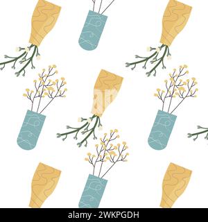 Motivo floreale a molla in stile piatto con ramoscello a molla. Illustrazione vettoriale di vaso per la casa con ramo con fiore fiorito. Può essere utilizzato per tessuti, poster. Vecchio stile con motivo senza cuciture. Illustrazione Vettoriale